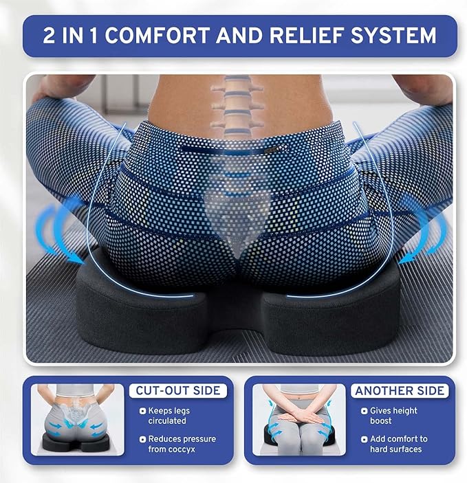 Memory Foam Seat Cushion - Tailbone Pain Relief Cushion, Non-Slip Sciatica Pain Relief Pillow - for Office Chair, Car, Wheelchair, Computer, Desk Chair - Coccyx, Lower Back Support (Black)