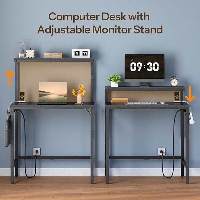 HOOBRO Small Computer Desk, 28.3" Desk for Small Spaces, Home Office Desk with Power Outlet & Adjustable Monitor Stand, Compact Desk with Storage, Writing Table for Bedroom, Office, Black BB38UDN01