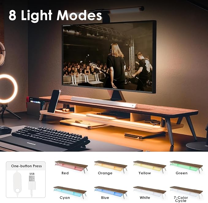 Fenge Dual Monitor Stand with 8-Mode LED Lights, 5.7" H Computer Monitor Riser with Acrylic Shelf & Aluminum Legs, Stable Desk Shelf Organizer for Computer Laptop Home Office & Gaming, Brown