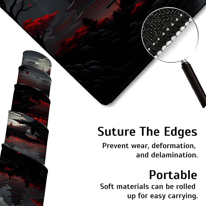 Large Gaming Mouse Pad Japan Red Black Full Moon Desk Mat,Non-Slip Rubber Base Stitched Edges,Extended Mousepad for PC,Laptop,Office,Home Decor(31.5 x 11.8 Inch)