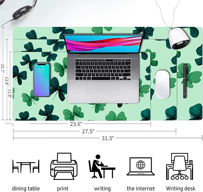 Green Bow Mouse Pad PU Leather Clover Desk Mat Large Waterproof Gaming Pad Non-Slip Keyboard Mouse Pad Writing Pad for Gamer Office&Home