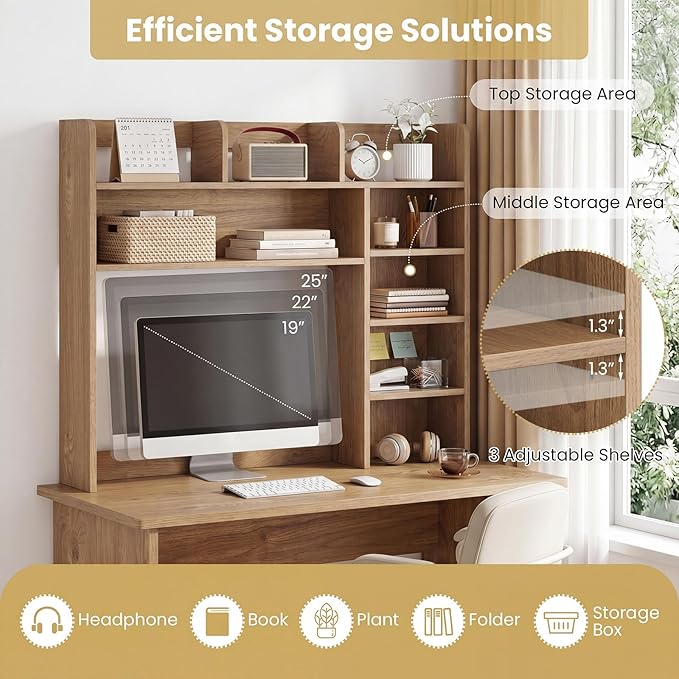 Tangkula Desktop Bookshelf with LED Lights, Desk Hutch with 8 Shelves for Max 25" Monitor, Desktop 5-Tier Display Rack, Multipurpose Wood Desktop Storage Hutch Organizer for Dorm Office Home (Natural)
