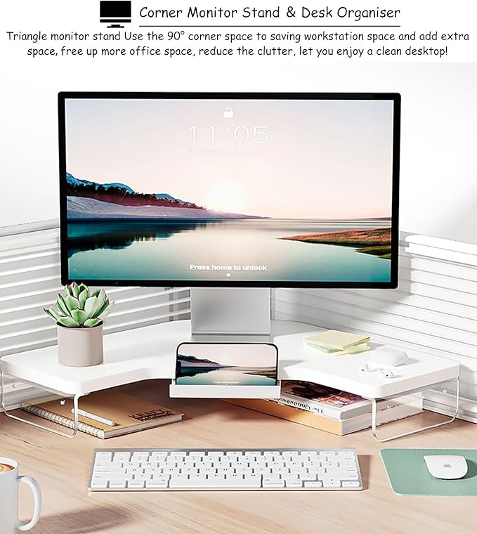 ROYUMI Corner Monitor Stand Clear Acrylic Leg ＆ Wood Corner Screen Stand, L-Shape Desk Triangle Riser for Monitor/Laptop/Computer, Corner Organizer with Drawer (Color : White)