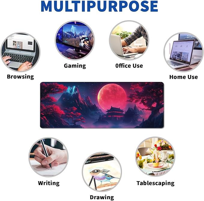 Darkness Red Moon Mouse Pad Abstract Red Mouse Pad 31.5x11.8 Inch Non-Slip Rubber Base Large Mousepad Stitched Edges Keyboard Mouse Mat Desk Pad for Office and Home(3)