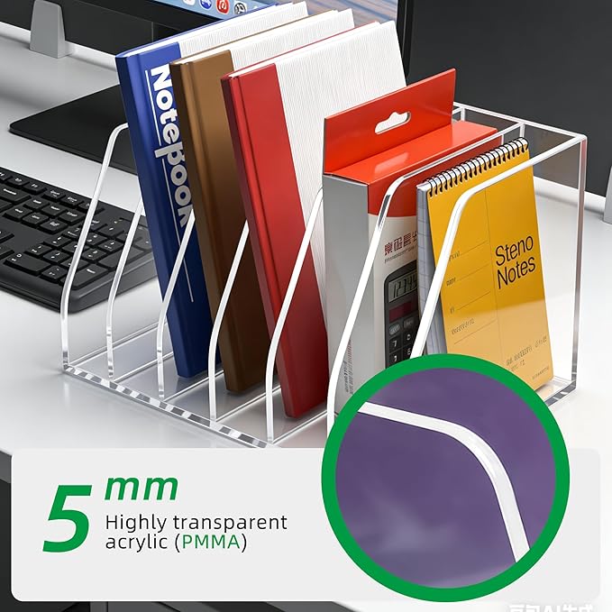 Acrylic Magazine File Holder, 6 Vertical Compartments Desk Document Sorter Organizer, Clear Folder Rack Binder for Office, Tablets, Magazines, Books – Home/Classroom Rack, 5mm Thick