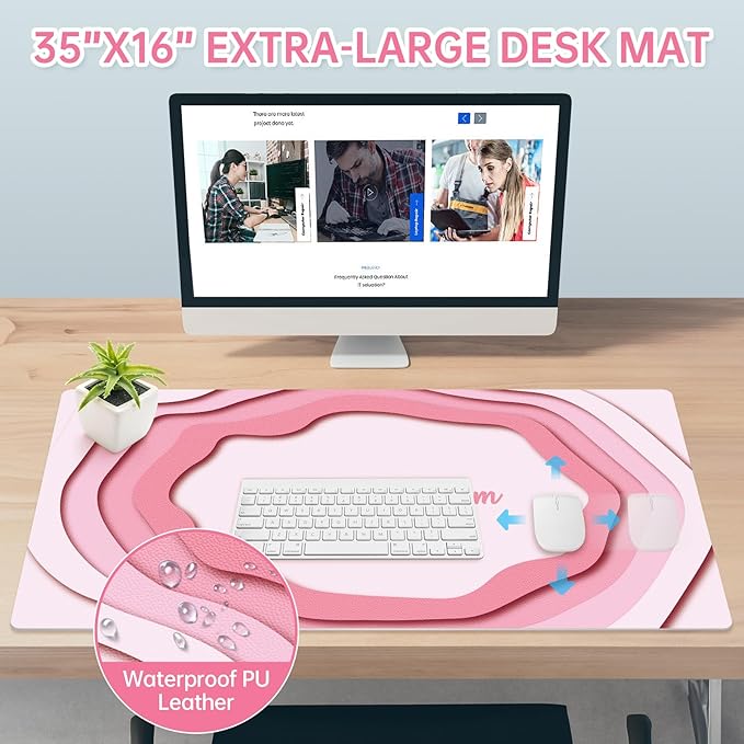 Dual-Sided PU Leather Desk Mat Blotter for Office, Home, Computer, Keyboard, Mouse, 15.7"x31.5" Large Non-Slip Writing Mat with Travel Storage Strap, Waterproof Easy to Clean (Pink Minimalist)
