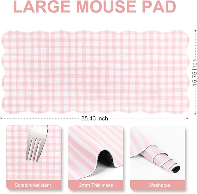 L-SPOUTTO Pink Checkered Mouse Pad,Cottagecore Scalloped Desk Mat XXL Large Cute Pastel Gaming Mousepad,35.4x15.7in Non-Slip Keyboard Pad Waterproof Desktop Mat for Laptop Computer Game Home Office