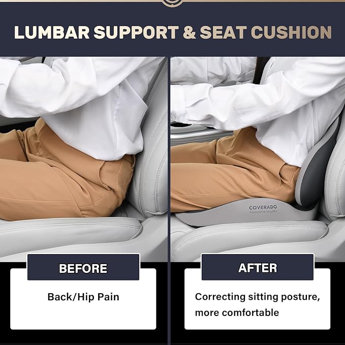 Coverado Seat Cushion and Lumbar Support Pillow for Car Office Chair, Ergonomic Memory Foam Desk Chair Cushion Back Support Pillow, Sciatica & Back & Tailbone Pain Relief Cushion-Black&Gray