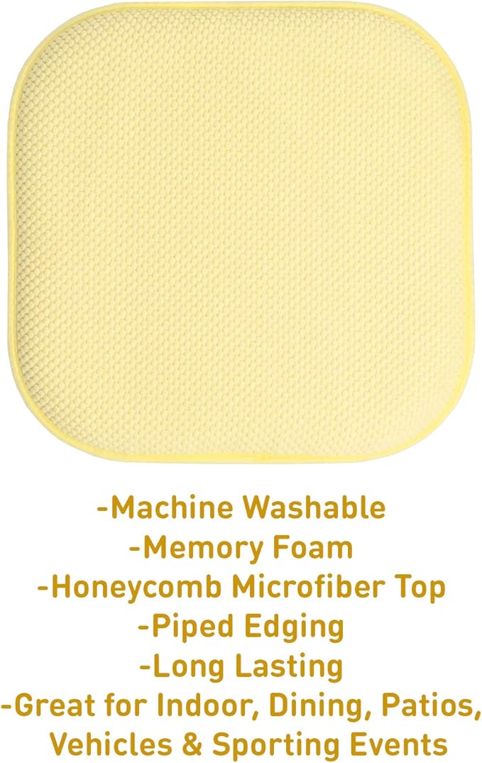 Sweet Home Collection Chair Cushion Memory Foam Pads Honeycomb Pattern Slip Non Skid Rubber Back Rounded Square 16" x 16" Seat Cover, 6 Pack, Yellow
