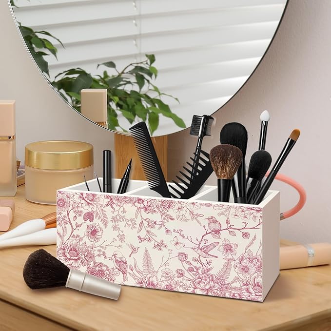 Chinoiserie Floarl Pen Holder for Home Office Desk, Vintage Home Decor, Chinoiserie Blue and White Floral Birds Makeup Brush Toothbrush Holder Organizer for Bathroom Desk Accessories(Pink)