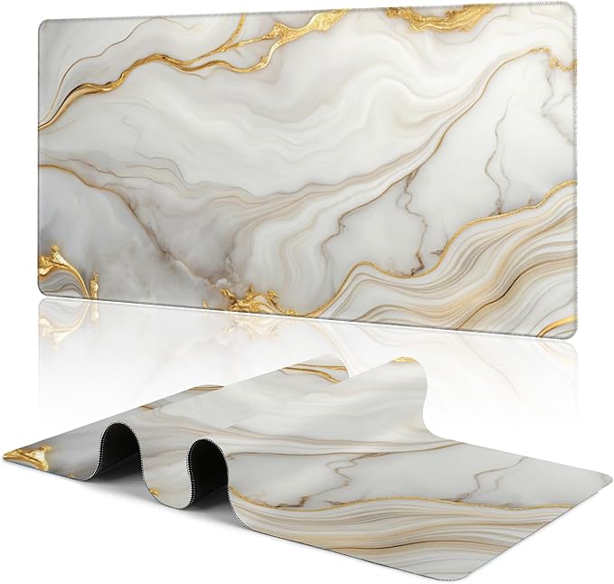 Large Mouse Pad White Gold Marble Texture Gaming Mousepad Desk Pad Mat for Keyboard and Mouse, Large Non-Slip Rubber Base Mousepad Desk Mat with Stitched Edges for Gaming Office, 31.5 x 15.8 in