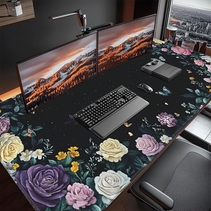 Gaming & Office Mouse Pad - 48"x 24" Extended 3XL Desk Mat with Stitched Edges, Non-Slip Rubber Base, Giant Computer Mousepad for Laptop, Keyboard, PC - Flower Pattern Desk Protector