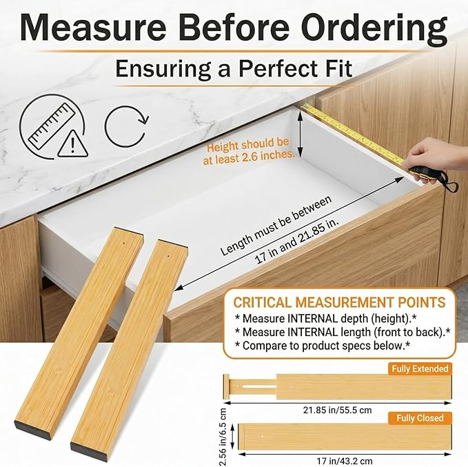 FUSHITON Bamboo Drawer Dividers 17"-22" Adjustable Expandable Drawer Organizers Spring Loaded Drawer Separators for Kitchen Dresser Bathroom Bedroom Office Storage, 4 Pack