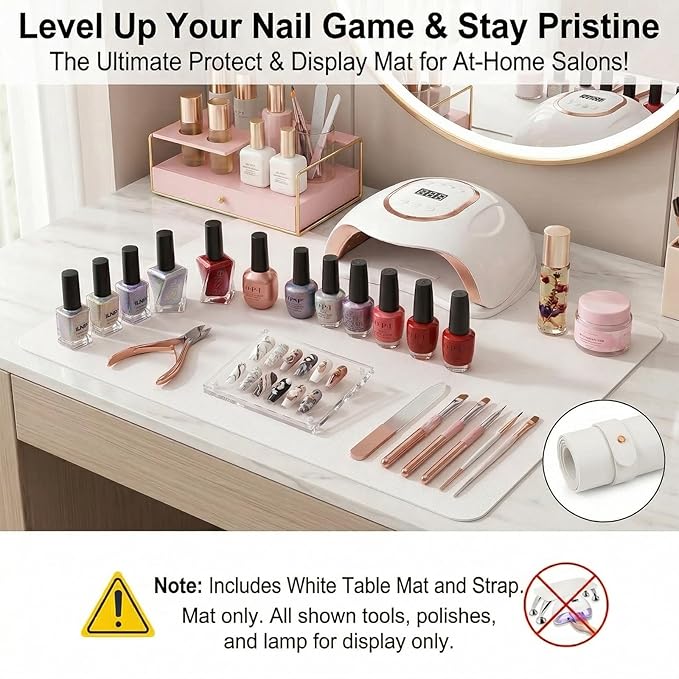 Nail Art Table Mat, (Mat Only) Foldable Hand Rest Manicure Pad, Soft Microfiber PU Leather Arm Rest Pad for Acrylic Nails, Nail Polish Mat for Nail Tech Salon Home (White)