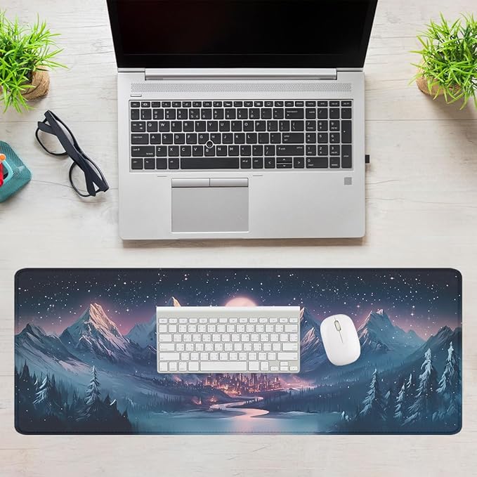 Fantasy City Mouse Pad Night Moon Mountain Landscape Extended Mousepad Waterproof Stitched Edges Rubber Base Non-Slip Deskmap Computer Keyboard Mat 31.5x11.8 Inch