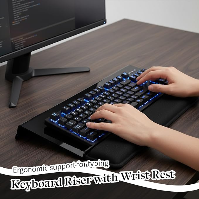 Computer Keyboard Wrist Rest Stand for Desktop Space-Saving Keyboard Riser with Silicone Wrist Rest for Office Desk, Home, School, Easy Typing, 3-Level Height Adjustment, Black