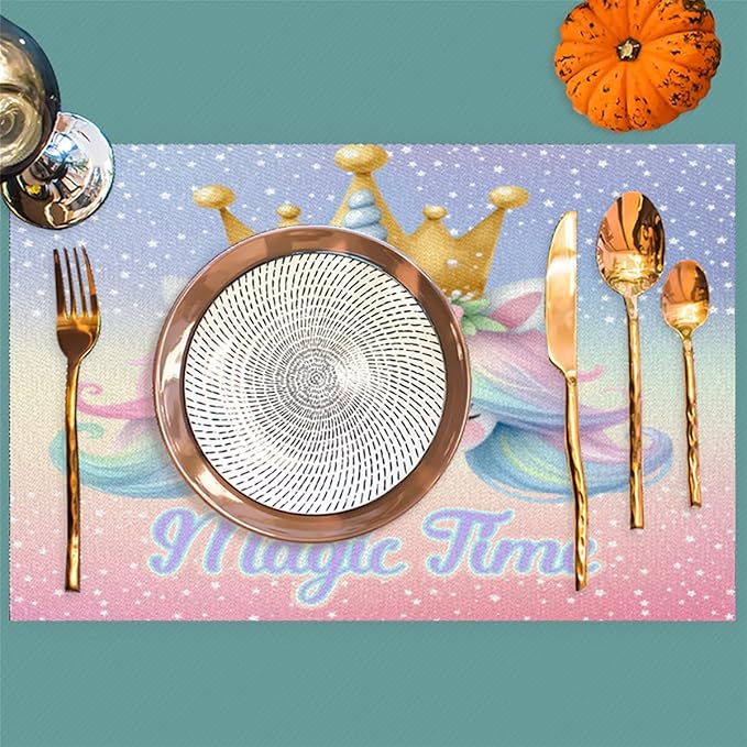 Placemats Set of 4 Heat-Resistant Rectangle Place Mats Unicorn Cute Washable Plastic PVC Dining Table Mat Non-Slip Wipeable Woven Vinyl Placemat for Kitchen Patio Table Decor