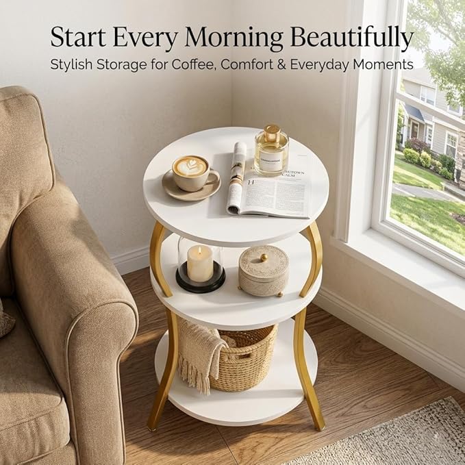 Vintage Small Round Side Table, 3-Tier Slim Waist Circular End Table with Storage Shelf, Compact Tea Sofa Table, Round Corner Coffee Table Nightstand for Living Room Bedroom Small Spaces,White+ Gold