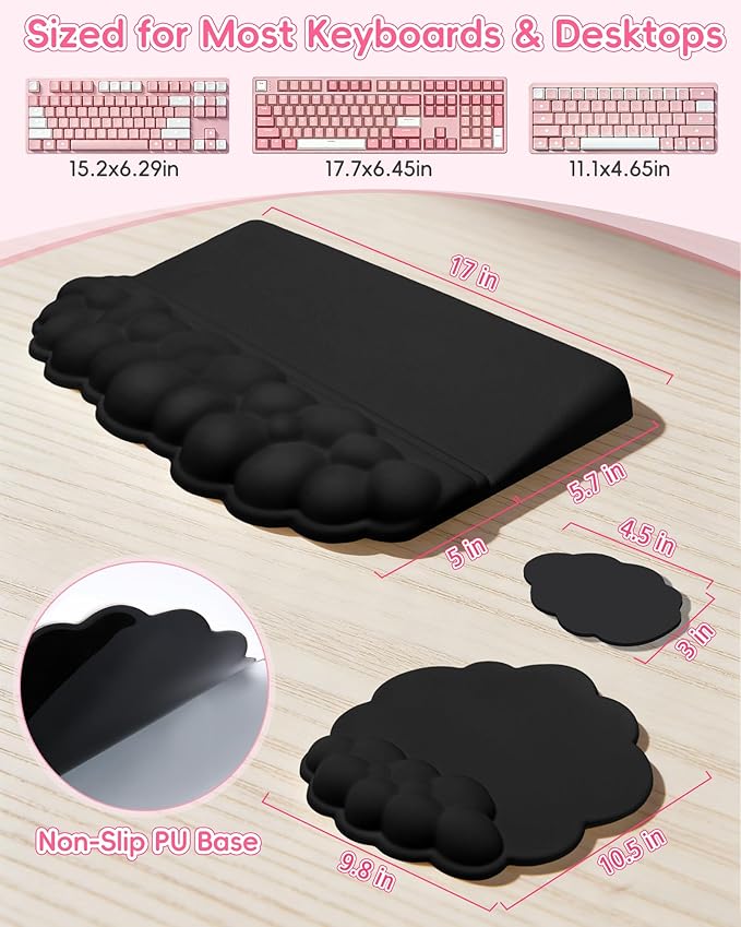 Cloud Wrist Rest Set for Keyboard and Mouse, Cute Memory Foam Wrist Support & 2-in-1 Adjustable Keyboard Stand, Silky Lycra Surface, Two Typing Angles, Non-Slip Base (Black)