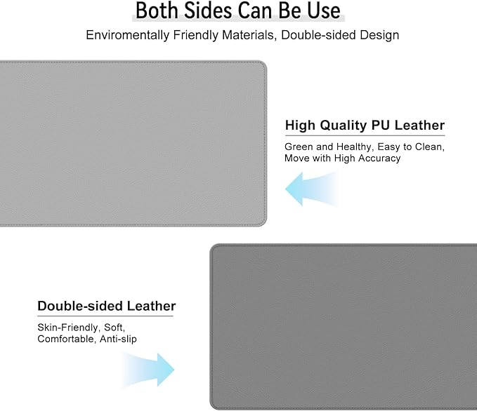 Dual Sided Leather Desk Mat - Waterproof Desk Pad - Ideal for Large Mouse Pad and Desk Mats on Top of Desks (Gray, 25"*13")