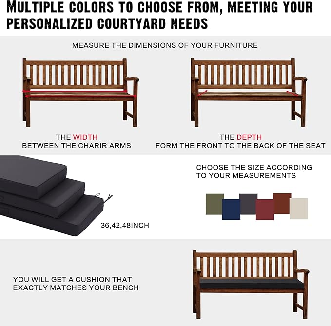 Outdoor Bench Cushion Waterproof with Memory Foam,Patio Bench Cushions for Outdoor/Indoor Furniture Porch Swing Cushion with Handle and Adjustable Strap,Dark Gray Grey,60x18 Inch