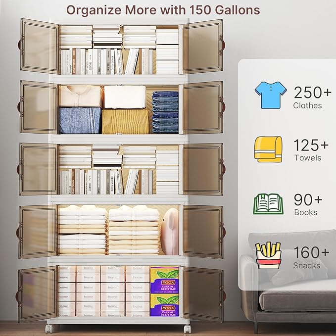 UAMFURI Stackable Storage Bins with Lids, 600QT Closet Organizers, Lockable Storage Cabinet，Foldable Storage Box with Doors and Wheels, Plastic Drawers for Home, Garage, Office (5, White, Large)