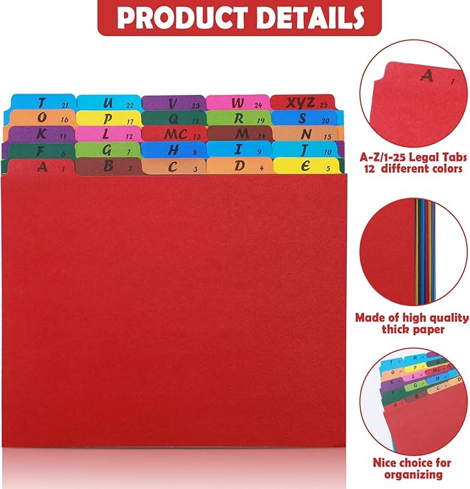 1 Set 25 Alphabet File Dividers A-Z Top Tab File Guides Letter Size 1/5 Cut Tab Manila Alphabetical File Organizer File Cabinet Dividers for Work Office Home School and Desk Organizer (Rainbow)