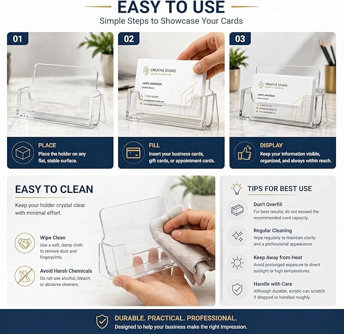 Lineshading 10 Pack Business Card Holder Desk Clear Acrylic Name Card Display Stand Tabletop Vertical Organizer Fits 3.5" x 2" Standard for Office Marketing Wedding Businesses Event Planning