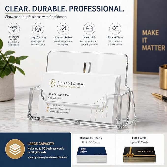 Lineshading 10 Pack Business Card Holder Desk Clear Acrylic Name Card Display Stand Tabletop Vertical Organizer Fits 3.5" x 2" Standard for Office Marketing Wedding Businesses Event Planning