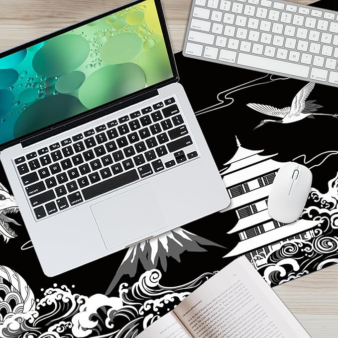 Japanese Dragon Large Gaming Mouse Pad, Black Mouse Pad Gaming 31.5 x 11.8 in, Large Desk Mat, Keyboard Mousepad with Non-Slip Base Stitched Edge for Desk Home Office