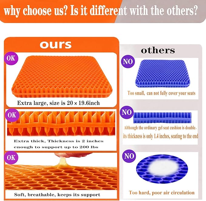 Plus Size Gel Seat Cushion for Long Sitting, Extra Large and Thick, Gel Cushion for Back, Hip, Sciatica, Tailbone Pain Relief, Use for The Office, Wheelchair, Car, Recliner, Stadium, Kayka.(Orange)