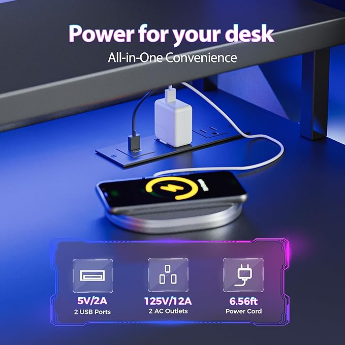 Mericonia 68 inch Gaming Desk with LED Lights & Power Outlets, Reversible Computer Desk with Storage Drawers & Monitor Stand, Large Gaming Table for Home Office