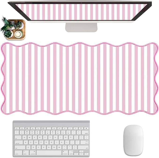 Scalloped Desk Mat Extended Large Cute Striped Mouse Pad Big Desk Pad XXL Aesthetic Stripe Mousepad Gaming Mouse Pad for Keyboard Computer Laptop Home Office Accessories 35.4X15.7Inches Pink White