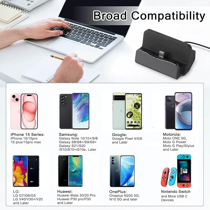 USB C Phone Dock Station for iPhone 15/16, Galaxy, Google Pixel, LG, HTC & More, Phone Charging Stand Cradle for Desk Nightstand, USB C Charging Dock Stand for Switch/Switch Lite