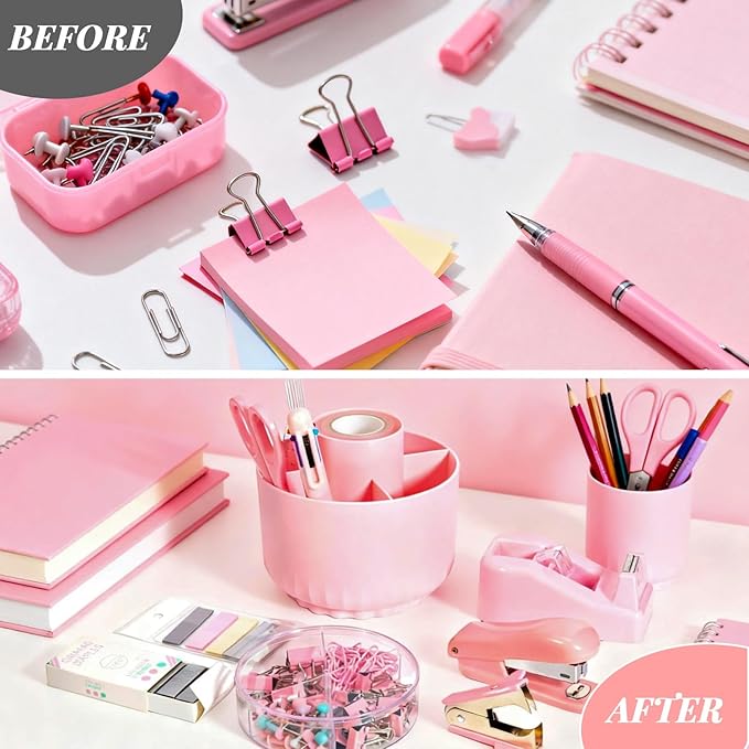 Pink Desk Accessories, 11Pcs Desk Organizer with 360°Rotating Pen Holder, Stapler, Staples, Staple Remover, Pen, Ruler, Tape Dispenser, Tape, Clips, Scissor, Notes, Office Supplies