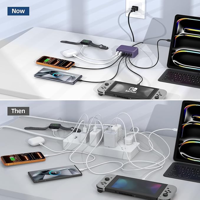 6 in 1 USB Charger, Charging Station for Multiple Devices, 100W Fast Charging Blocks with Type C Ports, USB Charging Hub Organizer Multiport Power Strip for iPhone, Ipad, Kindle, Travel Accessories