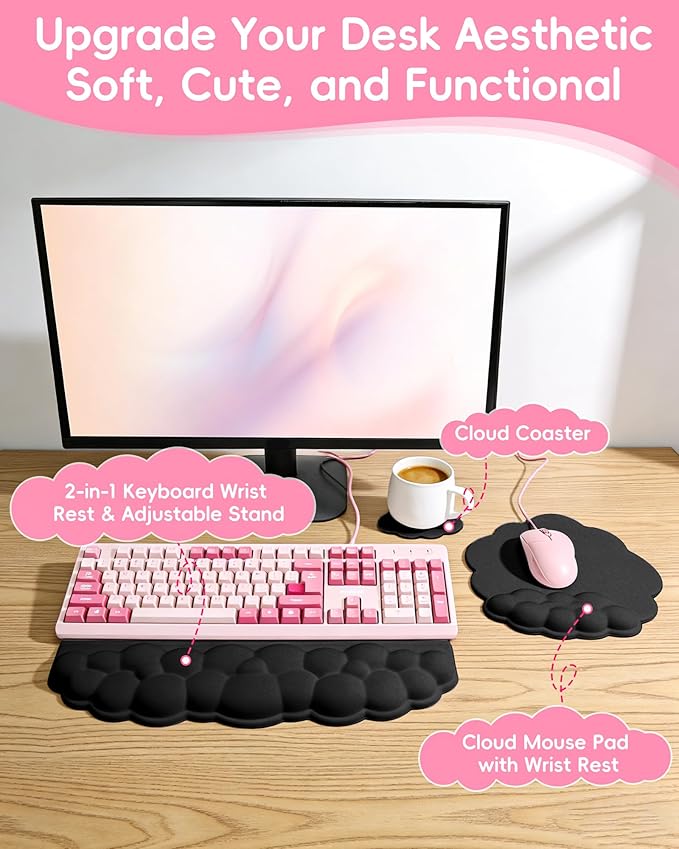 Cloud Wrist Rest Set for Keyboard and Mouse, Cute Memory Foam Wrist Support & 2-in-1 Adjustable Keyboard Stand, Silky Lycra Surface, Two Typing Angles, Non-Slip Base (Black)