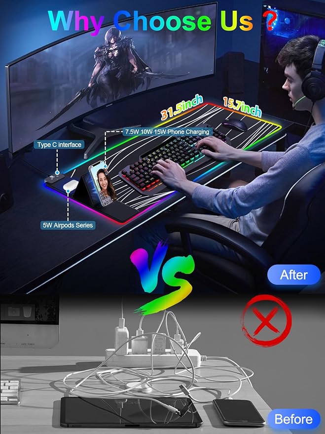 XXL Mouse Pad with Phone Holder - Black, RGB Desk Mat with 15W Fast Charging, LED Gaming Mousepad with 11 Light Colors, Waterproof Non-Slip Pad for Office & Home (Wave)