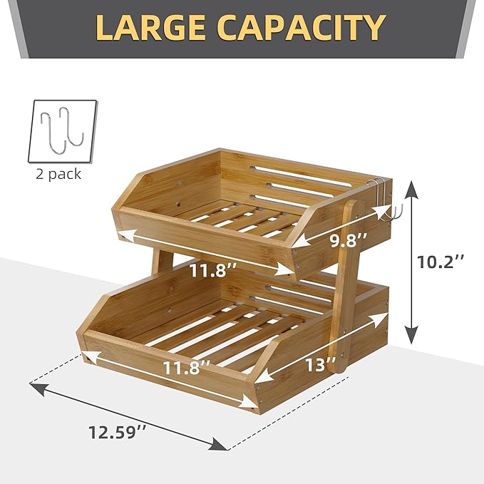 2 Tier Fruit Basket for Kitchen Counter, Large Capacity Fruit Storage Countertop, Fruit Holder, Wooden Pantry Organizers and Storage, Kitchen Countertop Organizer With 2 Banana Hangers (Walnut)