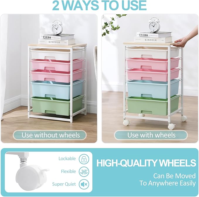 SYKIARIOL Utility Cart with 5 Drawers,Storage Drawer Cart with Wooden Tabletop and Lockable Wheels,Craft Storage Trolley Cart,5-Tier Rolling Utility Cart on Wheels,Rainbow