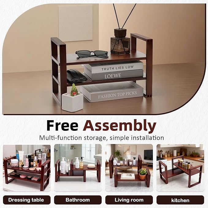 Desk Shelf, 100% Solid Wood Adjustable Desktop Bookshelf, No Tools, Nails or Glue Required for 130lb Load Capacity for Living Room, Office, Books, Cookbooks, Interlocking Joints Walnut Colour