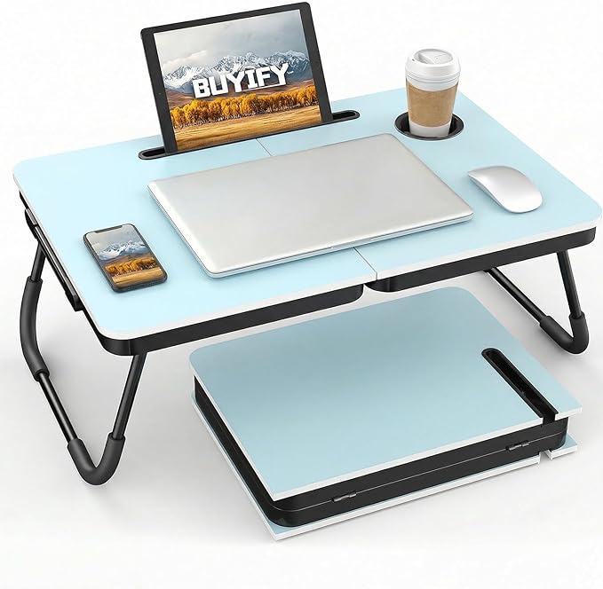 BUYIFY Foldable Laptop Bed Desk for Couch, Sofa - Large Lap Desk Tray Table with Cup Holder and Tablet Slot - Portable Notebook Stand for Eating, Writing, Studying and WFH-Light Blue-DZZ004