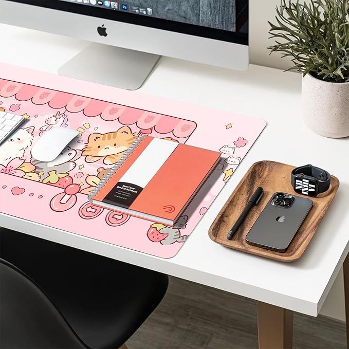 Cute Cat Desk Mat, Kawaii Claw Machine Large Mouse Pad for Desktop, PU Leather Waterproof Desk Pad, Anti-Slip Computer PC Laptop Protector Gaming Mouse Pads for Office Home Decorations