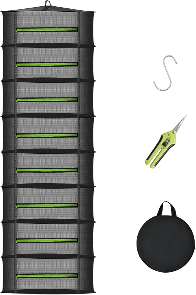 MEKOLIFE Herb Drying Rack Hanging-8 Layer, Collapsible Large Capacity Mesh Net with Green Zipper, Hooks & Bonus Garden Scissors, for Fresh Herbs/Flowers/Plants, Indoor Outdoor Use (23.62")