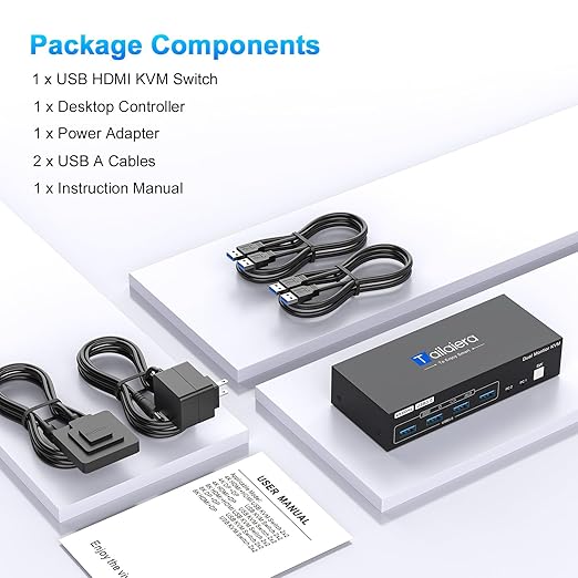 4K HDMI KVM Switch 2 Monitors 2 Computers Dual Monitor Support 4K@60Hz KVM Switcher PC Extended Display for 2 Port Share 4 USB 3.0 HUB Desktop Controller and 2 USB Cables Included