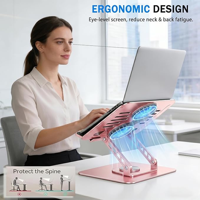 Laptop Stand with Cooling Fan, 360° Rotating Base Aluminum Laptop Riser, Foldable Ergonomic Computer Stand for Desk, Height Adjustable Notebook & All Laptops Up to 17.3" (Pink)
