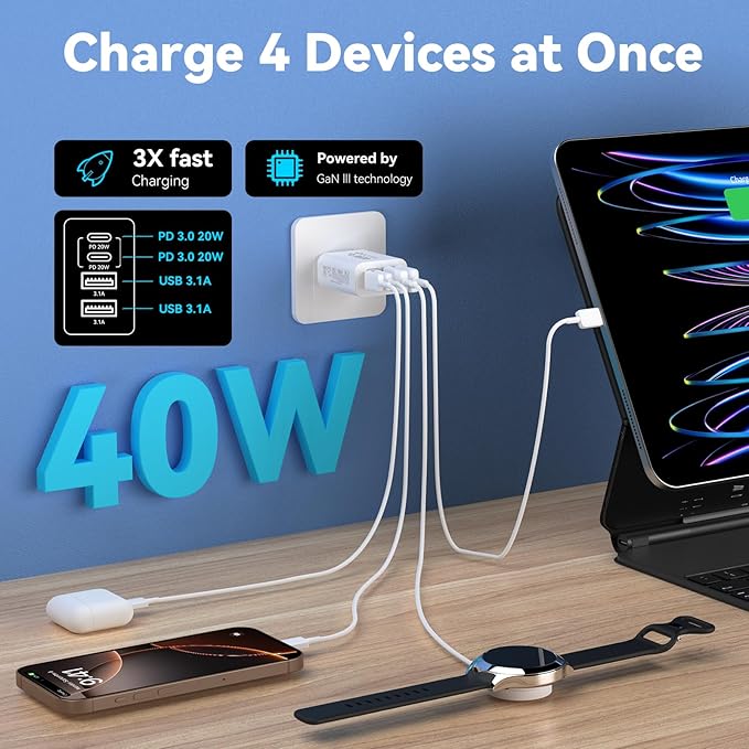 USB C Charger Block, 2-Pack 40W 4-Port Multiple Type C Fast Charging Phone Charger Brick +QC 3.0 USB A Wall Plug Out let Multiport Box Cube for Phone 15/14/13/12/11 Pro Max, Galaxy, Pixel, Black+White