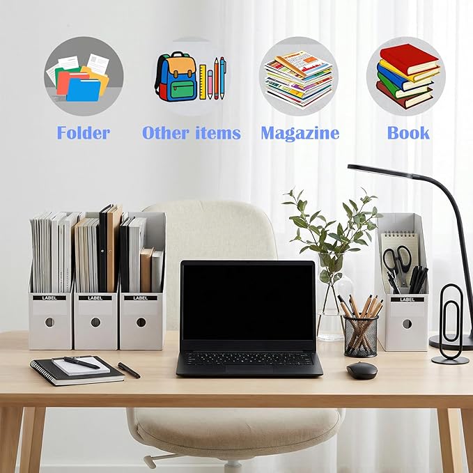 25-Pack White Cardboard Magazine File Holders, 10.2" L x 3.5" W x 10.6" H Large-Capacity Document Organizer Boxes, Foldable Book Bins for Shelves, Office or Home Use with 25 Bonus Labels