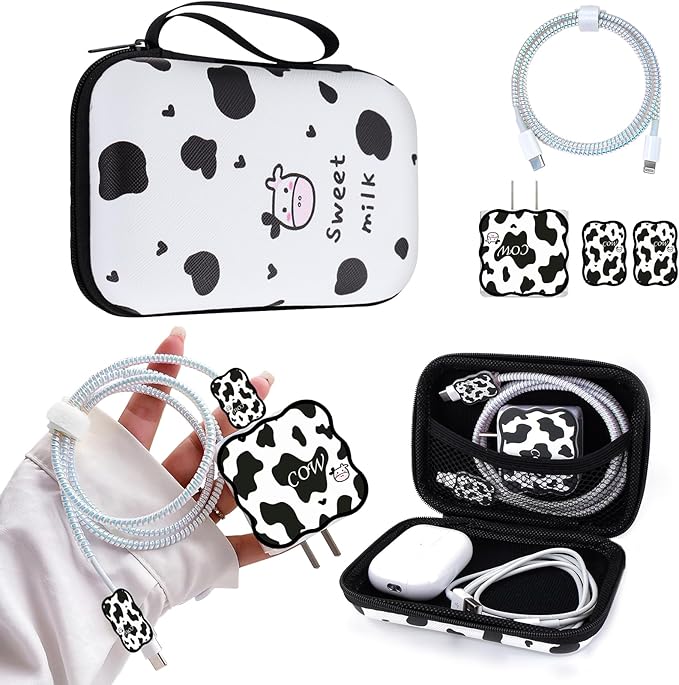 CameCosy DIY Phone Charger Cover Storage Sets Cable USB Earphone Wire Saver Organizer with Travel Storage Bag, Soft Cute Cable Protector Phone Charger Protector Compatible for iPhone(Milk Cow)