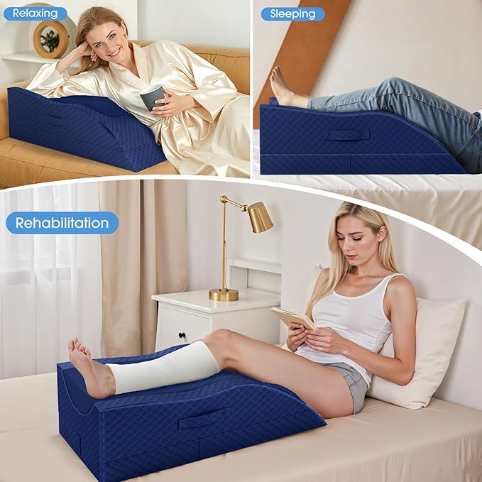 TranquilRelax Leg Pillow, Leg Elevation Pillow with Pad and Memory Foam, Height Adjustable Bolster Pillow for Legs, Leg Pillow Elevation Blood Circulation, for Post-Surgery, Full Blue